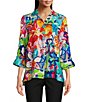 Color:Floral Multi - Image 1 - Floral Print Point Collar 3/4 Sleeve High-Low Hem Button-Front Jacket