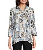 Color:Black/White - Image 1 - Floral Print Woven Point Collar 3/4 Sleeve High-Low Hem Button-Front Tunic