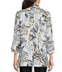 Color:Black/White - Image 2 - Floral Print Woven Point Collar 3/4 Sleeve High-Low Hem Button-Front Tunic