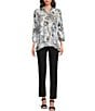 Color:Black/White - Image 3 - Floral Print Woven Point Collar 3/4 Sleeve High-Low Hem Button-Front Tunic