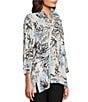 Color:Black/White - Image 4 - Floral Print Woven Point Collar 3/4 Sleeve High-Low Hem Button-Front Tunic
