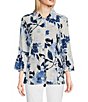 Color:Blue Print - Image 1 - Knit Floral Print Point Collar 3/4 Bell Sleeve Button-Front Tunic