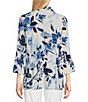 Color:Blue Print - Image 2 - Knit Floral Print Point Collar 3/4 Bell Sleeve Button-Front Tunic