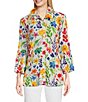 Color:Floral Multiple - Image 1 - Knit Multi Floral Print Point Collar 3/4 Bell Sleeve Button-Front Tunic