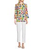 Color:Floral Multiple - Image 3 - Knit Multi Floral Print Point Collar 3/4 Bell Sleeve Button-Front Tunic