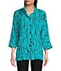 Color:Turquoise - Image 1 - Line Abstract Print Woven Wire Collar 3/4 Sleeve Button-Front Tunic
