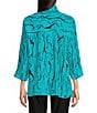 Color:Turquoise - Image 2 - Line Abstract Print Woven Wire Collar 3/4 Sleeve Button-Front Tunic