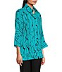 Color:Turquoise - Image 3 - Line Abstract Print Woven Wire Collar 3/4 Sleeve Button-Front Tunic