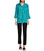 Color:Turquoise - Image 4 - Line Abstract Print Woven Wire Collar 3/4 Sleeve Button-Front Tunic