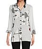 Color:Black/White - Image 1 - Mixed-Media Stripe & Abstract Wire Collar 3/4 Sleeve Button-Front Tunic