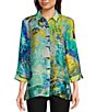 Color:Abstract Multi - Image 1 - Petite Size Abstract Print Point Collar 3/4 Sleeve Button-Front Tunic