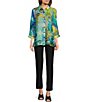 Color:Abstract Multi - Image 3 - Petite Size Abstract Print Point Collar 3/4 Sleeve Button-Front Tunic