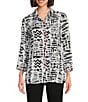 Color:Black/White - Image 1 - Petite Size Printed Woven Wire Collar 3/4 Sleeve Button-Front Tunic