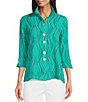 Color:Seafoam - Image 1 - Petite Size Wavy Dotted Lines Print Wire Collar 3/4 Cuffed Sleeve Button-Front Shirt