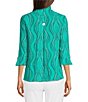 Color:Seafoam - Image 2 - Petite Size Wavy Dotted Lines Print Wire Collar 3/4 Cuffed Sleeve Button-Front Shirt