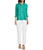 Color:Seafoam - Image 5 - Petite Size Wavy Dotted Lines Print Wire Collar 3/4 Cuffed Sleeve Button-Front Shirt