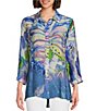 Color:Indigo Print - Image 1 - Petite Size Woven Butterfly Printed Point Collar 3/4 Sleeve High-Low Hem Button-Front Tunic