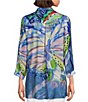 Color:Indigo Print - Image 2 - Petite Size Woven Butterfly Printed Point Collar 3/4 Sleeve High-Low Hem Button-Front Tunic