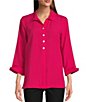 Color:Raspberry - Image 1 - Petite Size Woven Point Collar 3/4 Sleeve Partial Button Front Tunic