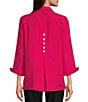 Color:Raspberry - Image 2 - Petite Size Woven Point Collar 3/4 Sleeve Partial Button Front Tunic