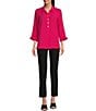 Color:Raspberry - Image 3 - Petite Size Woven Point Collar 3/4 Sleeve Partial Button Front Tunic