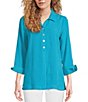 Color:Turquoise - Image 1 - Petite Size Woven Point Collar 3/4 Sleeve Partial Button Front Tunic