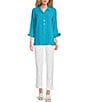 Color:Turquoise - Image 3 - Petite Size Woven Point Collar 3/4 Sleeve Partial Button Front Tunic