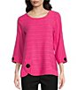Color:Fuchsia - Image 1 - Petite Size Woven Textured Jacquard Scoop Neck 3/4 Sleeve Button Accent Detail Tunic
