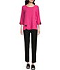 Color:Fuchsia - Image 3 - Petite Size Woven Textured Jacquard Scoop Neck 3/4 Sleeve Button Accent Detail Tunic