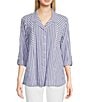 Color:Blue Stripe - Image 1 - Petite Size Yarn-Dye Stripe Point Collar Long Roll-Tab Sleeve Button-Front Tunic