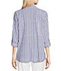 Color:Blue Stripe - Image 2 - Petite Size Yarn-Dye Stripe Point Collar Long Roll-Tab Sleeve Button-Front Tunic