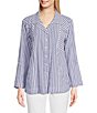 Color:Blue Stripe - Image 3 - Petite Size Yarn-Dye Stripe Point Collar Long Roll-Tab Sleeve Button-Front Tunic