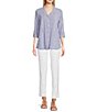 Color:Blue Stripe - Image 4 - Petite Size Yarn-Dye Stripe Point Collar Long Roll-Tab Sleeve Button-Front Tunic