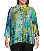Color:Abstract Multi - Image 1 - Plus Size Abstract Print Point Collar 3/4 Sleeve Button-Front Tunic