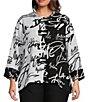 Color:Black/White - Image 1 - Plus Size Abstract Word Art Print Crinkle Woven Wire Collar 3/4 Sleeve Button-Front Tunic Jacket