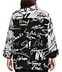 Color:Black/White - Image 2 - Plus Size Abstract Word Art Print Crinkle Woven Wire Collar 3/4 Sleeve Button-Front Tunic Jacket
