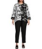 Color:Black/White - Image 3 - Plus Size Abstract Word Art Print Crinkle Woven Wire Collar 3/4 Sleeve Button-Front Tunic Jacket