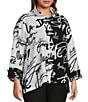 Color:Black/White - Image 4 - Plus Size Abstract Word Art Print Crinkle Woven Wire Collar 3/4 Sleeve Button-Front Tunic Jacket