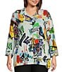 Color:Multi - Image 1 - Plus Size Doodle Print Woven Point Collar 3/4 Sleeve Button-Front Tunic