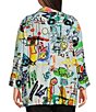 Color:Multi - Image 2 - Plus Size Doodle Print Woven Point Collar 3/4 Sleeve Button-Front Tunic