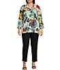 Color:Multi - Image 3 - Plus Size Doodle Print Woven Point Collar 3/4 Sleeve Button-Front Tunic