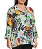 Color:Multi - Image 4 - Plus Size Doodle Print Woven Point Collar 3/4 Sleeve Button-Front Tunic