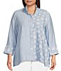 Color:Chambray Print - Image 1 - Plus Size Dot Stripe Print Chambray Frilled High Neckline 3/4 Sleeve Button-Front Top