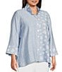 Color:Chambray Print - Image 4 - Plus Size Dot Stripe Print Chambray Frilled High Neckline 3/4 Sleeve Button-Front Top
