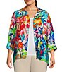 Color:Floral Multi - Image 1 - Plus Size Floral Print Point Collar 3/4 Sleeve High-Low Hem Button-Front Jacket
