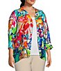 Color:Floral Multi - Image 3 - Plus Size Floral Print Point Collar 3/4 Sleeve High-Low Hem Button-Front Jacket