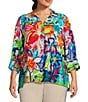 Color:Floral Multi - Image 4 - Plus Size Floral Print Point Collar 3/4 Sleeve High-Low Hem Button-Front Jacket