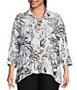 Color:Black/White - Image 1 - Plus Size Floral Print Woven Point Collar 3/4 Sleeve High-Low Hem Button-Front Tunic