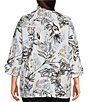 Color:Black/White - Image 2 - Plus Size Floral Print Woven Point Collar 3/4 Sleeve High-Low Hem Button-Front Tunic