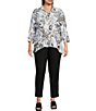 Color:Black/White - Image 3 - Plus Size Floral Print Woven Point Collar 3/4 Sleeve High-Low Hem Button-Front Tunic